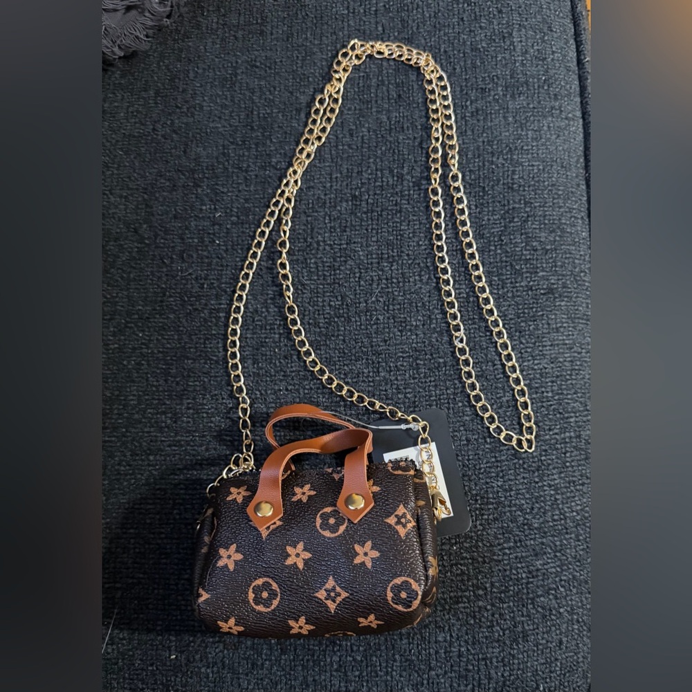 Brown Monogram Mini Crossbody Bag with Gold Chain